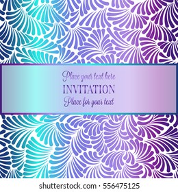 Romantic background with antique, luxury mint green, purple and pink pastel tones vintage frame, victorian banner, made of feathers wallpaper ornaments, invitation card, baroque style booklet.