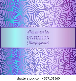 Romantic background with antique, luxury mint green, purple and pink pastel tones vintage frame, victorian banner, made of feathers wallpaper ornaments, invitation card, baroque style booklet.