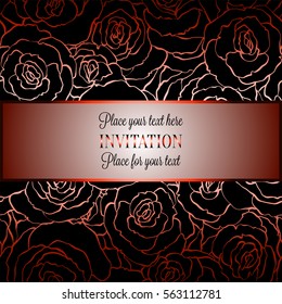 Romantic background with antique, luxury pastel red vintage card with roses, victorian banner, made of rose swirls wallpaper ornaments, invitation card, baroque style booklet with text.