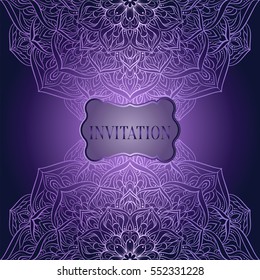 Romantic background with antique, luxury purple and lilac vintage frame, victorian banner, lacy mandala wallpaper ornaments, invitation card, baroque style booklet, fashion pattern