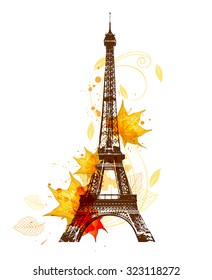 Romantic background with autumn leaves and Eiffel Tower