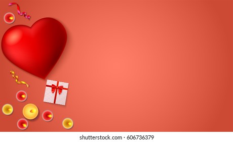 Romantic background, big red heart, burning candles, gift box with red bow and ribbon, colored serpentine, close-up on colored background. Template for greeting cards, invention or greetings 