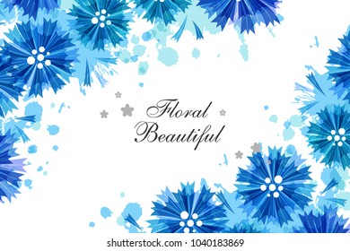 Romantic background with blue cornflowers and paint splashes. Floral design for cosmetics product or wedding invitation. Horizontal banner with corner vignettes