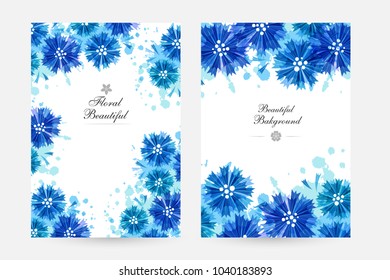 Romantic background with blue cornflowers and paint splashes. Floral design for cosmetics product or wedding invitation. Vertical posters with corner vignette