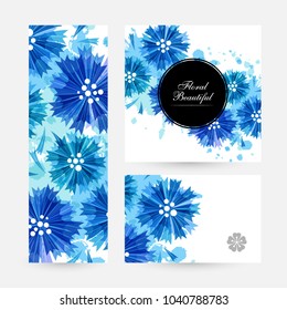Romantic background with blue cornflowers and paint splashes. Floral design for cosmetics product or wedding invitation. Banners collection. Vertical flyer, round frame and gift card.
