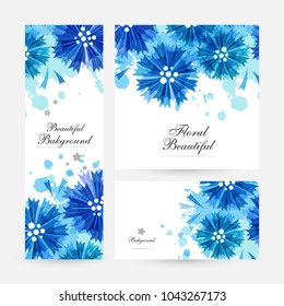 Romantic background with blue cornflowers and paint splashes. Floral design for cosmetics product or wedding invitation. Banners collection. Vertical and square flyers and gift card.