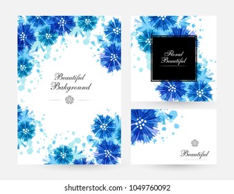 Romantic background with blue cornflowers and paint splashes. Floral design for cosmetics product or wedding invitation. Banners collection. Vertical poster, square frame and gift card.