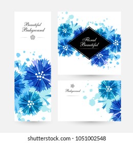 Romantic background with blue cornflowers and paint splashes. Floral design for cosmetics product or wedding invitation. Banners collection. Vertical flyer, rhombus frame and gift card.
