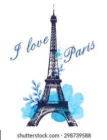 Romantic background with blue watercolor flowers and Eiffel Tower