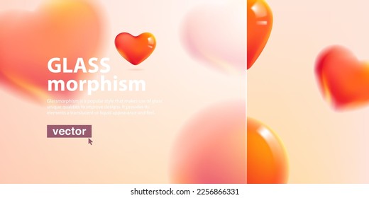 Romantic background with blurred floating red hearts and matte frame for text in glassmorphism style. Vector for Valentine's Day banner, medical, health art, wedding presentation, dating app, gift adv