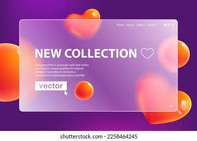 Romantic background with blurred floating red hearts and matte frame for text in glassmorphism style. Vector for Valentine's Day banner, medical, health art, wedding presentation, dating app, gift adv