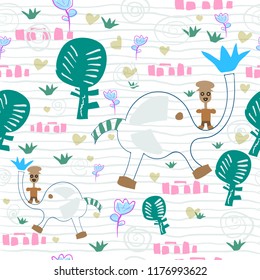 Romantic background of The boy with cute elephant in the forest. Seamless Heart pattern and big trees,rocks, flowers. hand drawing for fabric, wallpaper, apparel, wrapping, textile.Vector EPS10