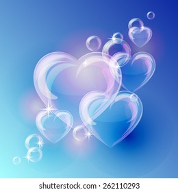 Romantic background with bubble hearts shapes on blue background. Vector illustration