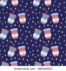 Romantic background with coffee glasses. Pattern cute pink vessels of the heart. Cartoon concept soft texture of the dinner. Cute textile fabric for in. Vector illustration