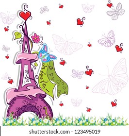 romantic background with colorful eiffel tower,hearts