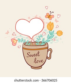 Romantic background with cup of coffee and flowers