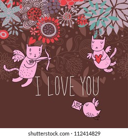 Romantic background. Cupid cats in flowers