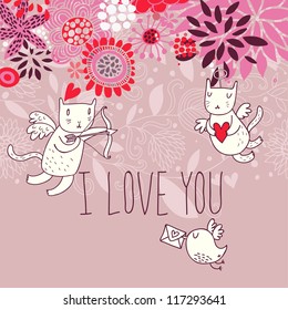 Romantic background. Cupid cats in flowers