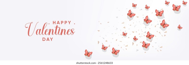 Romantic background design with butterflies. Greeting card, banner, web poster. Happy Valentine's Day hearts and glitter confetti. Flying butterfly Festive vector illustration