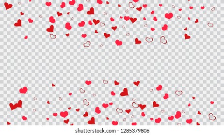 Romantic background. Design element for wallpaper, textiles, packaging, printing, holiday invitation for birthday. Red hearts of confetti are falling. Red on Transparent fond Vector.