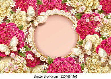 Romantic background design with gorgeous peony and butterflies in paper art style, copy space for design