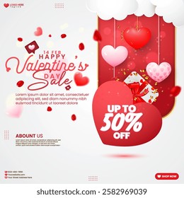 Romantic background design for Valentine's Day. 3D realistic Happy Valentine's Day social media banner design with cute heart shape, light effect, paper cloud, and message icon. Holiday design. 