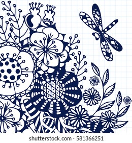 Romantic background with dragonfly and flowers. Vector pattern in doodle style. Gentle, spring, summer floral background, wallpaper, ornamental template for design and decoration.