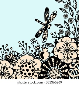 Romantic background with dragonfly and flowers. Vector floral pattern in doodle style. Gentle spring, summer background, wallpaper, ornamental template for design and decoration.