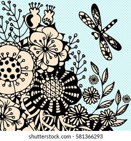 Romantic background with dragonfly and flowers. Vector floral pattern in doodle style. Gentle spring, summer background, wallpaper, ornamental template for design and decoration.