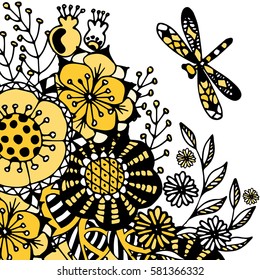 Romantischer Hintergrund mit Libellen und Blumen. Vektorblumenmuster im Doodle-Stil. Ruhiger Frühling, Sommerhintergrund, Tapete, Ziervorlage für Design und Dekoration.