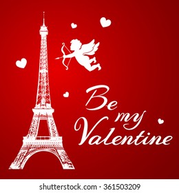 Romantic background with Eiffel Tower and cupid for Valentine's day