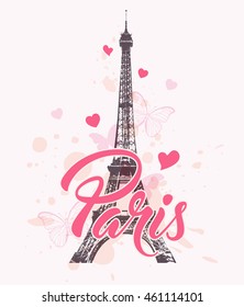 Romantic background with Eiffel Tower, hearts and pink butterflies. Vector illustration.