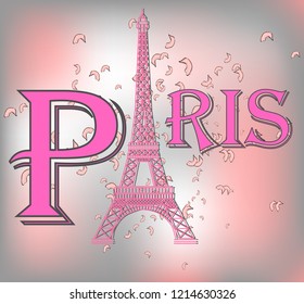 Romantic background with Eiffel Tower and pink roses.