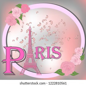 Romantic background with Eiffel Tower and pink roses.
