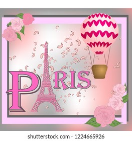 Romantic background with Eiffel Tower and pink roses.