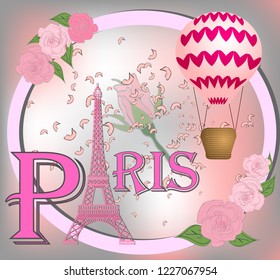 Romantic background with Eiffel Tower and pink roses.