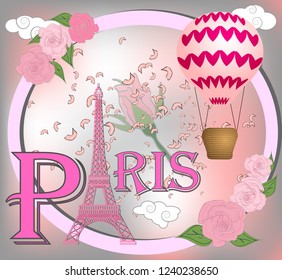 Romantic background with Eiffel Tower and pink roses.