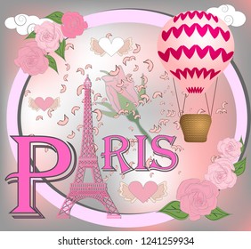Romantic background with Eiffel Tower and pink roses.