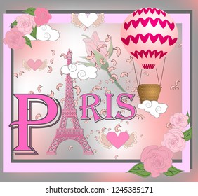 Romantic background with Eiffel Tower and pink roses.