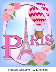 Romantic background with Eiffel Tower and pink roses.