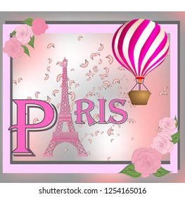 Romantic background with Eiffel Tower and pink roses.
