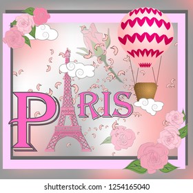 Romantic background with Eiffel Tower and pink roses.