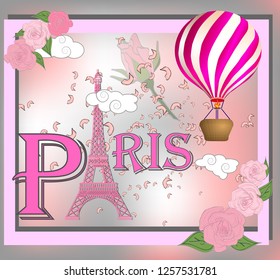 Romantic background with Eiffel Tower and pink roses.