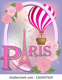 Romantic background with Eiffel Tower and pink roses.