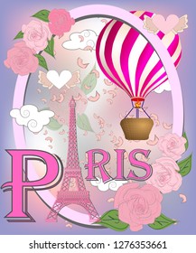 Romantic background with Eiffel Tower and pink roses
