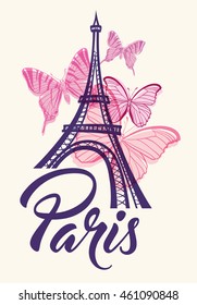 Romantic background with Eiffel Tower and pink butterflies. Vector illustration.