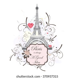 Romantic background with Eiffel tower, vector illustration