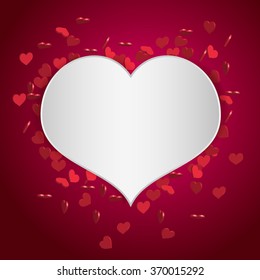 Romantic background with falling red hearts and paper note. Valentine's greeting card. Vector illustration.