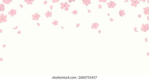 Romantic background with falling sakura flowers and petals. Hand drawn flat style and texture effect. Ideal for wedding invitations, festive banners, covers, posters.