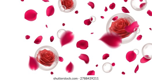Romantic romantic background featuring red roses encased inside clear glass bubbles mixed with flying pink rose petals gentle motion blur effect and delicate